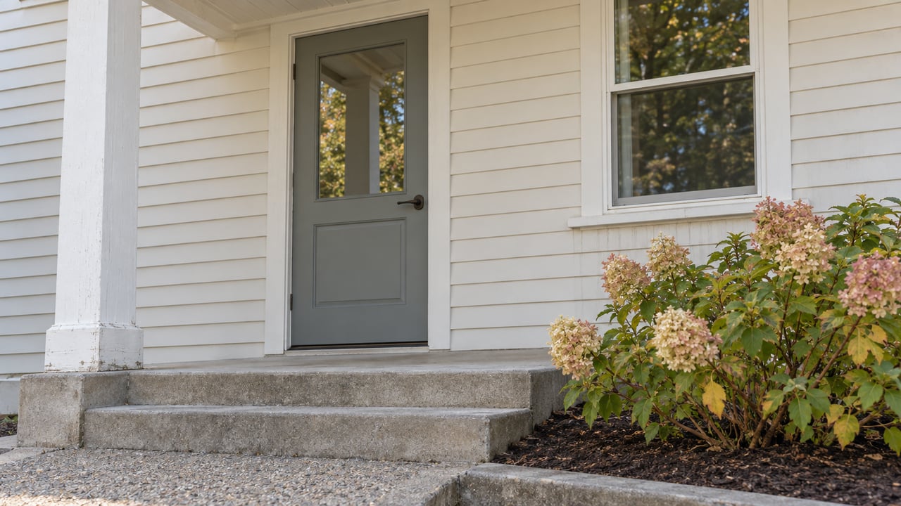 A modest white-clapboard home's covered entry, concrete steps and one autumn-flowering hydrangea in soft afternoon light.