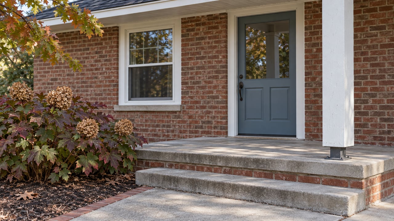 Brick cottage entry with a blue glazed door, concrete porch steps and oakleaf hydrangea showing autumn color.