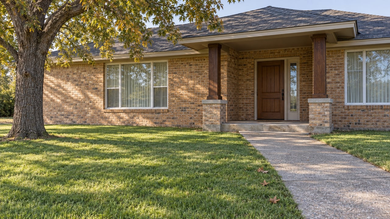 A single-story buff-brick home with a recessed timber porch, broad lawn and mature oak in clear autumn morning light.