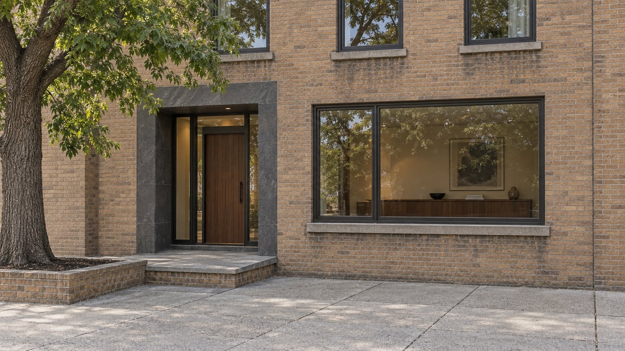 Buff brick townhouse with a recessed glazed entry, broad steel-framed window, and mature oak in a raised brick bed.