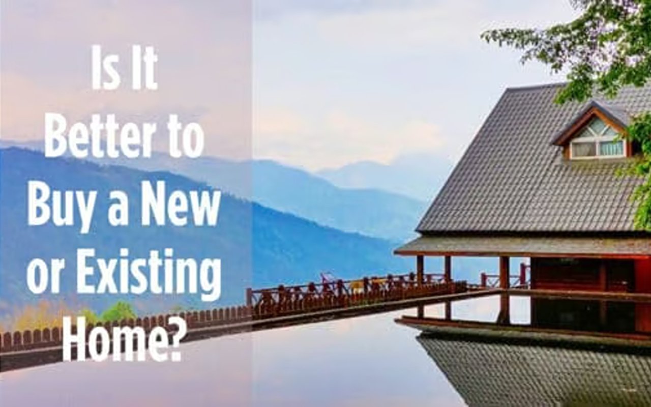 New or existing home comparison headline beside a mountain house reflected in a lake.