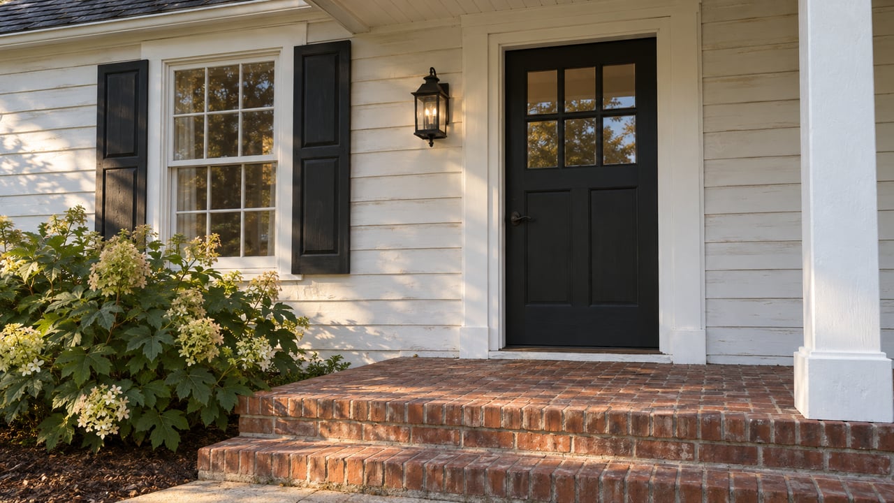 White clapboard porch with a dark glazed entry door, brick steps, and an oakleaf hydrangea.
