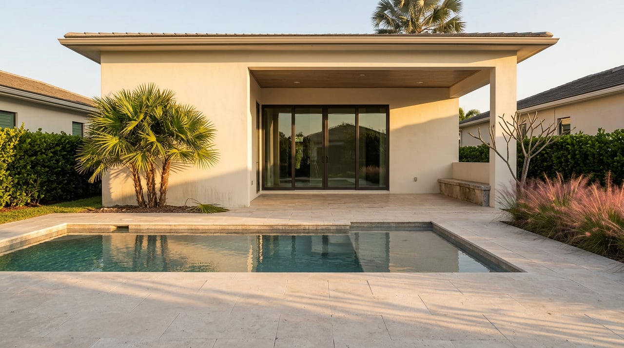 Rectangular pool faces a coastal-modern home with sliding glass doors, a covered wood-ceiling lanai, and palms.