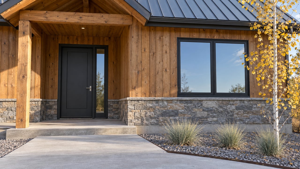 Close exterior of a modest wood-sided home with a sheltered charcoal entry, black-framed window, concrete approach and a young golden-leaved aspen.