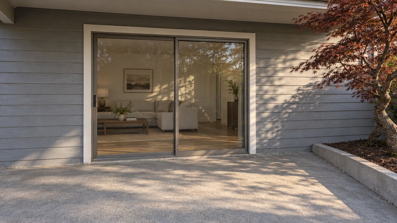 Gray-sided suburban home with a sliding glass door, concrete patio, and burgundy maple canopy.