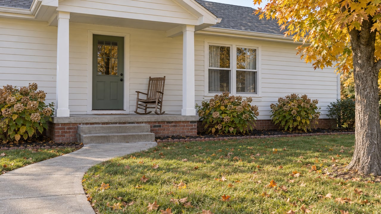 White-sided single-story home with a green front door, brick foundation, concrete approach and an autumn maple beside the porch.