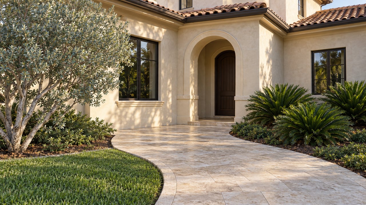 Two-story stucco house with an arched entry, curved limestone walk, silver buttonwood, and coontie plants.