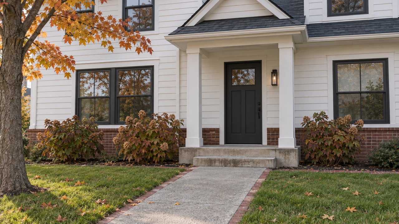 White-sided townhouse with dark-framed windows, brick foundation, concrete entry steps and autumn oakleaf hydrangeas.