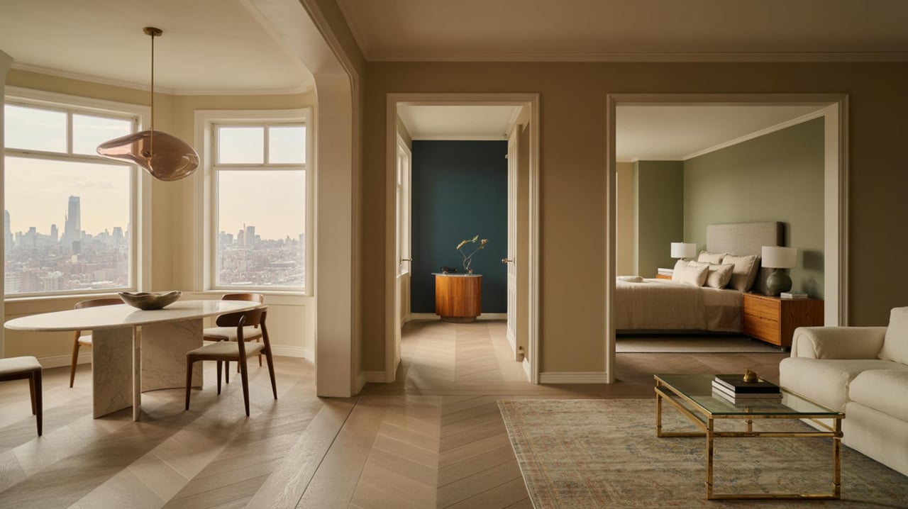 Apartment dining area with city-view windows, opening onto a bedroom and living room.