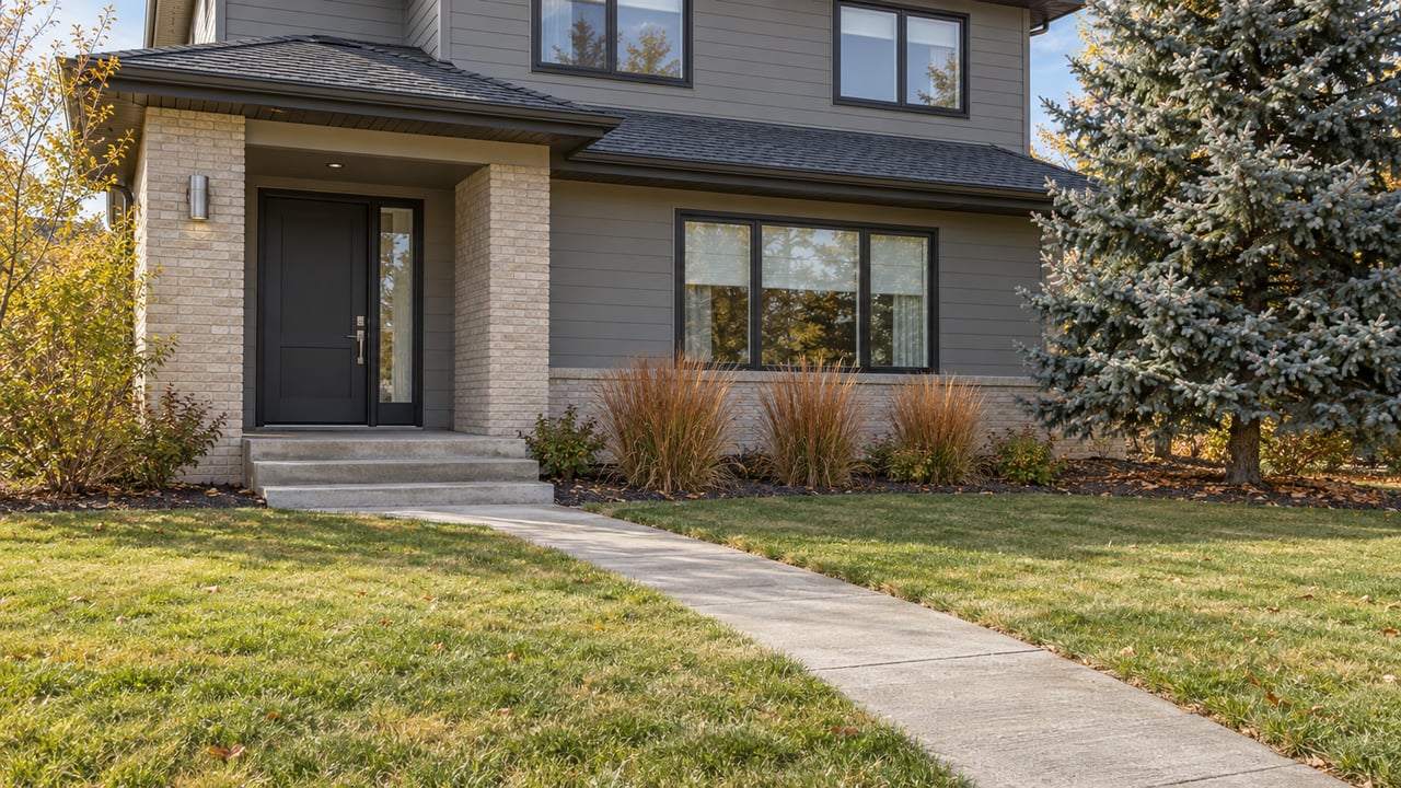 An updated two-story home with gray siding, buff brick entry, a broad lawn and copper-colored autumn grasses beside the front walk.