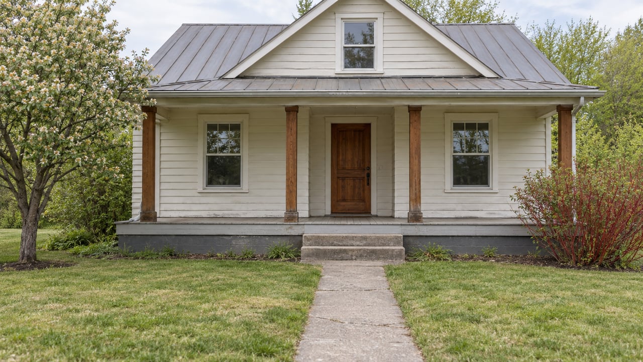 Weathered cream-sided house with a gray metal roof, timber porch, concrete walk, and lawn.