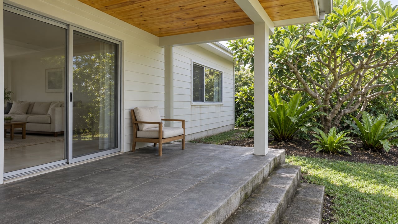 Covered terrace with timber ceiling, closed glass doors, gray stone paving and steps leading to a small garden with a flowering tree and bird’s-nest ferns.