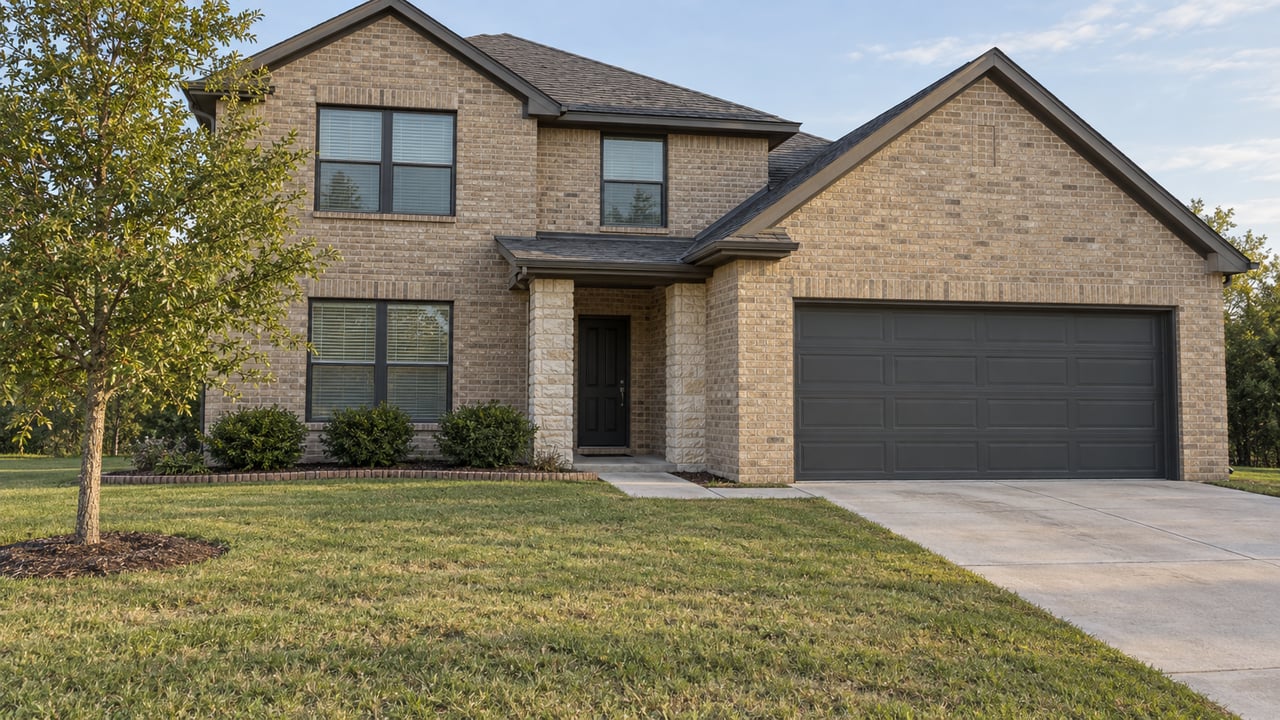 Two-story beige brick house with charcoal gabled roof, recessed stone entry, broad concrete driveway and deep lawn beneath a young oak.