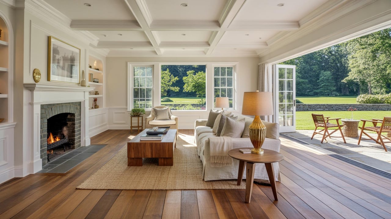 Bright living room with a fireplace, cream sofas, and open doors leading to a garden patio.