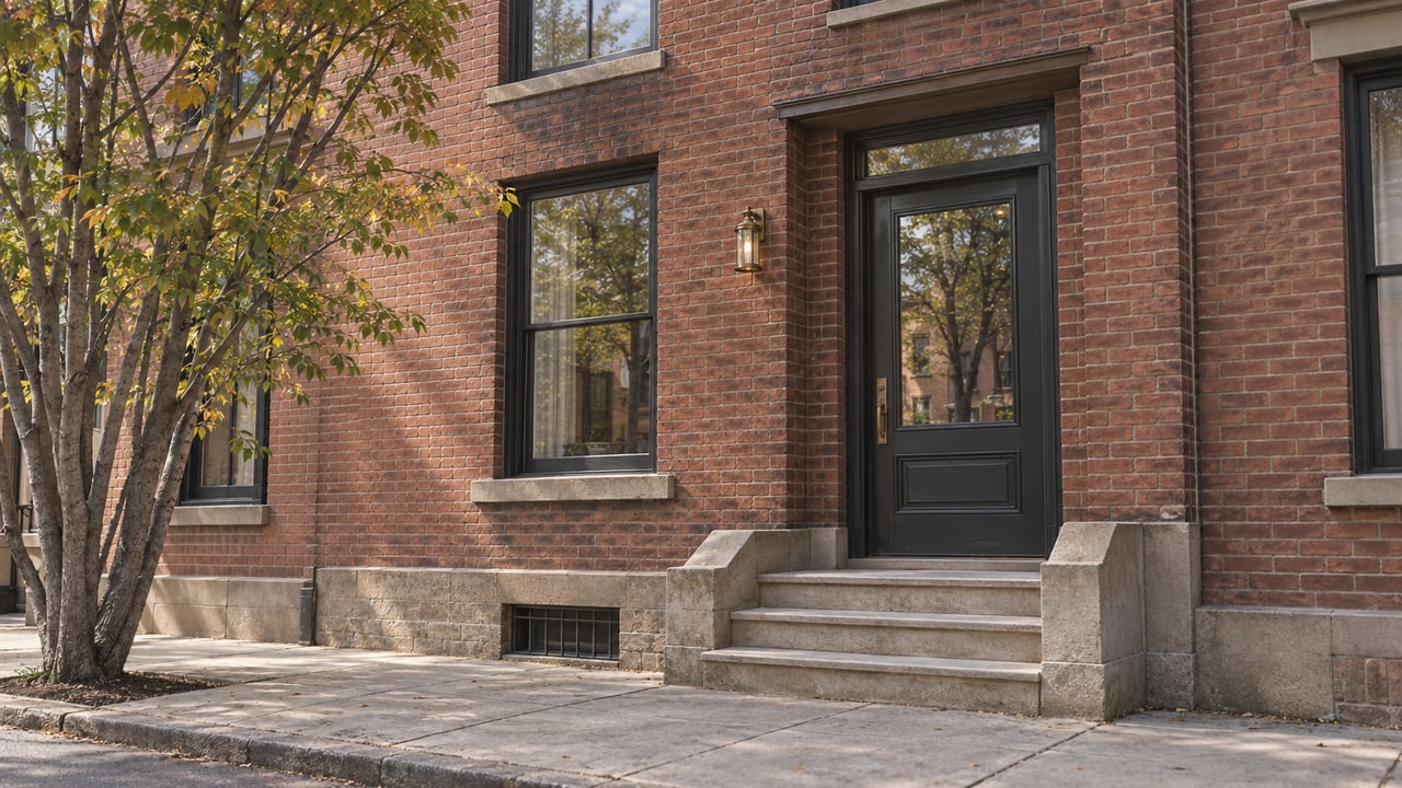 Brick townhouse entrance with dark glazed door, limestone steps, sash windows, and a sidewalk tree.