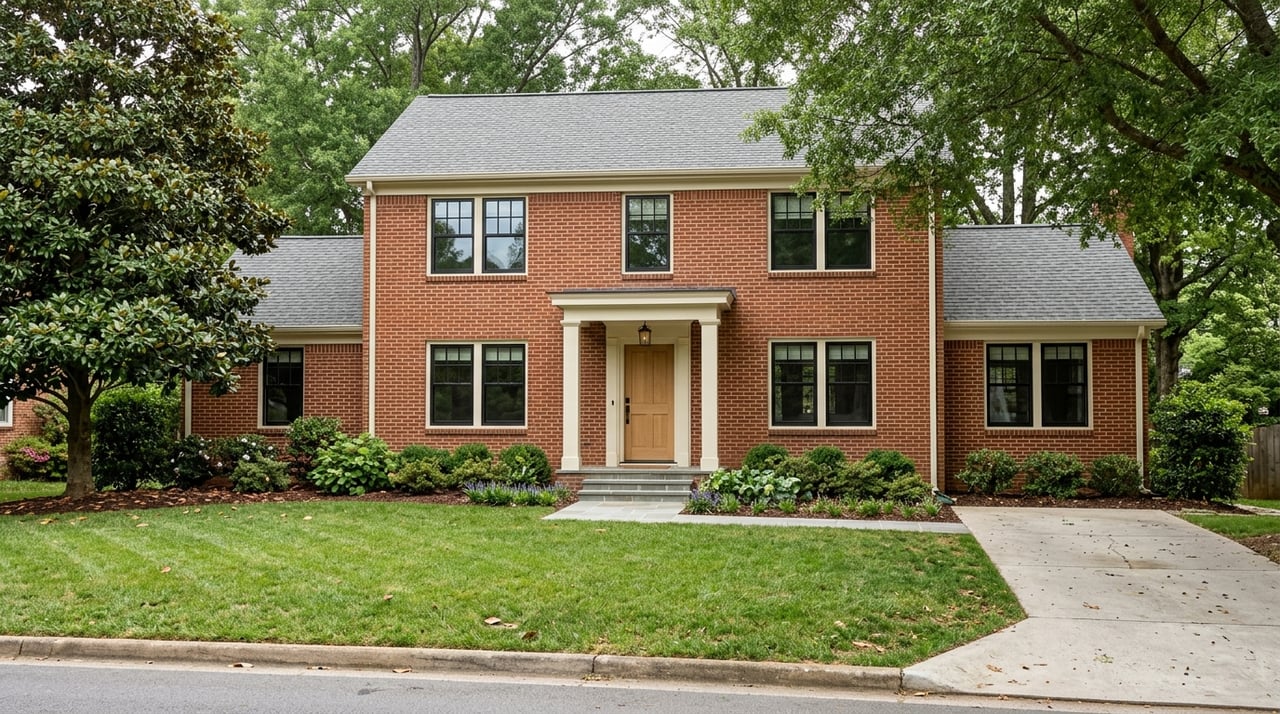 Updated two-story brick home with black windows, refreshed entry, and mature trees.