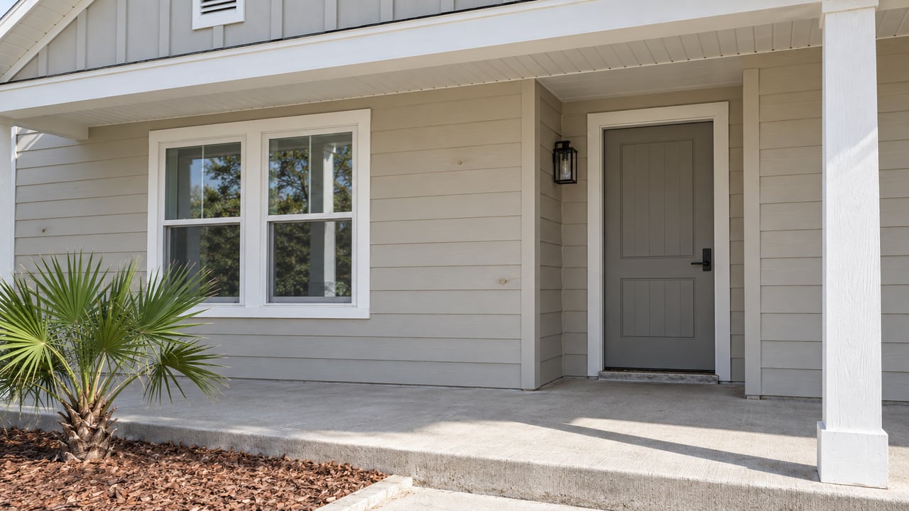 Sunlit shallow porch with sand-colored siding, a gray entry door, paired white-framed windows and a single saw palmetto beside the concrete step.