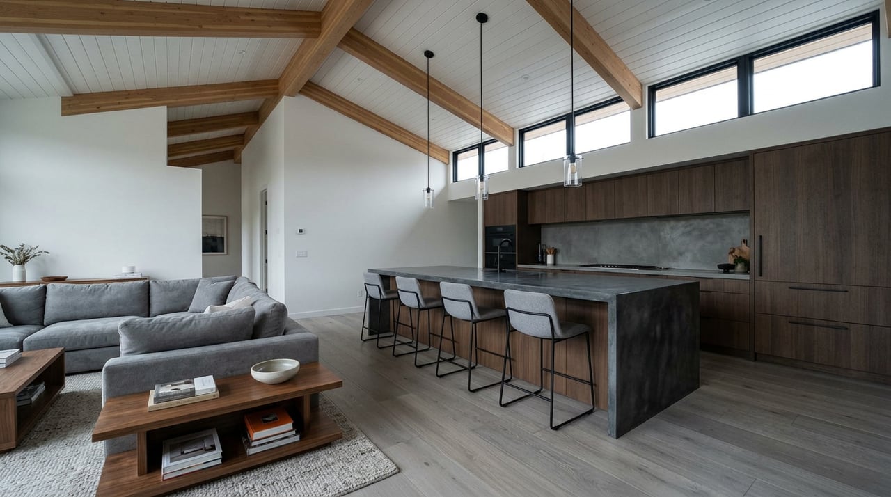 Open-plan kitchen with a veined quartz waterfall island, white cabinetry, and a glass-railed oak staircase.