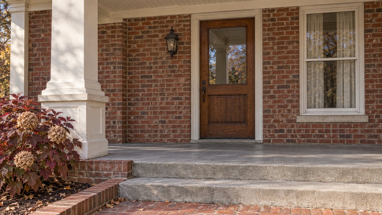 Autumn morning light falls across a brick home's covered porch, oak front door, concrete steps and burgundy oakleaf hydrangea.