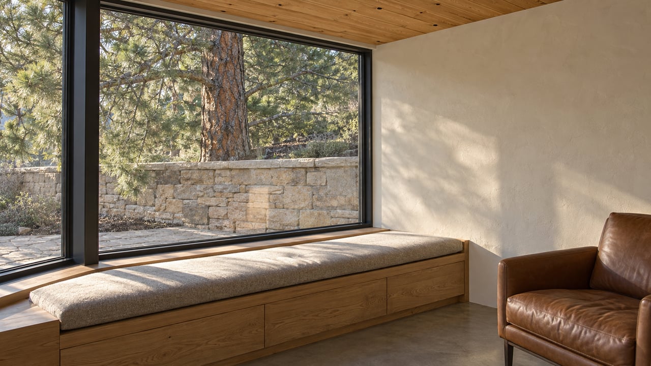 Sunlight across an oak window seat in a contemporary living room, with a leather chair and ponderosa pine beyond closed glazing.