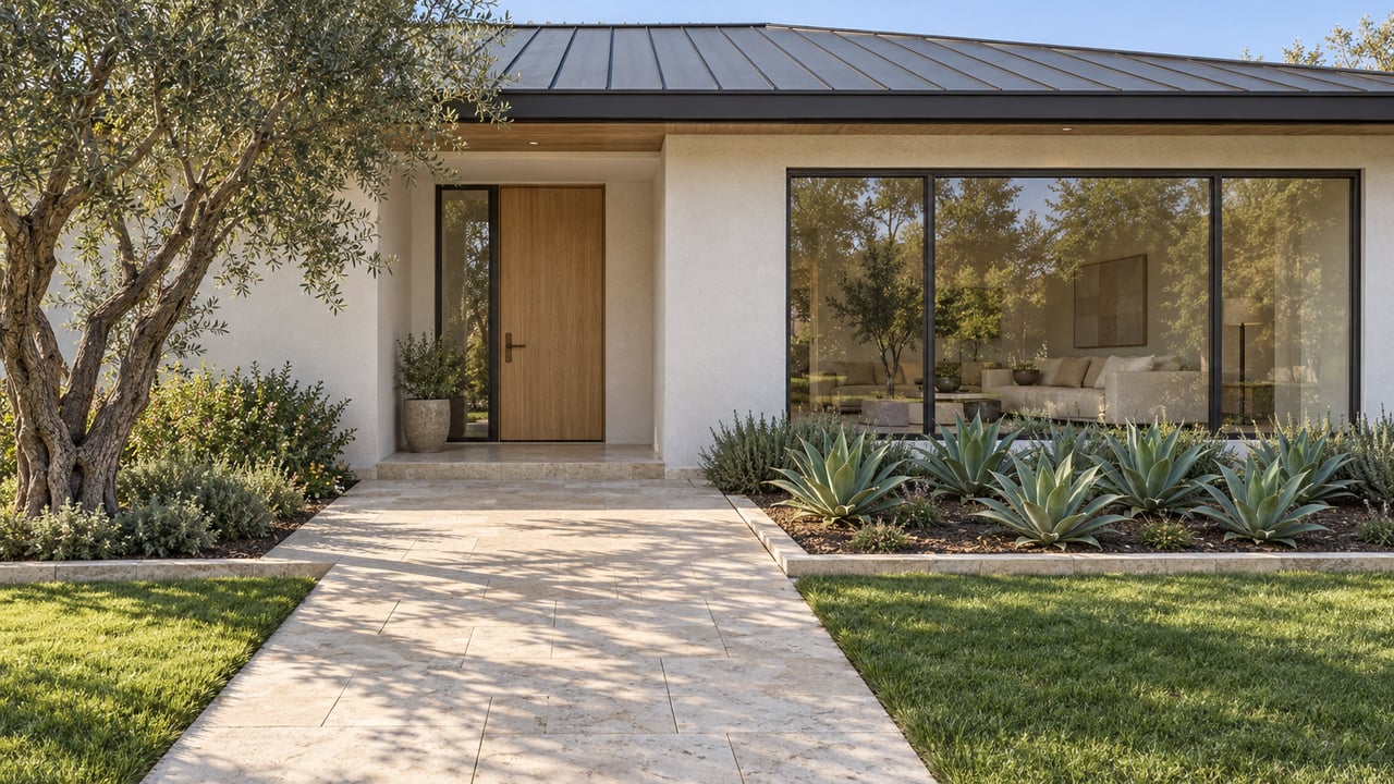 Sunlit limestone approach through a deep front garden toward a white stucco home with an oak entrance and dark-framed windows.
