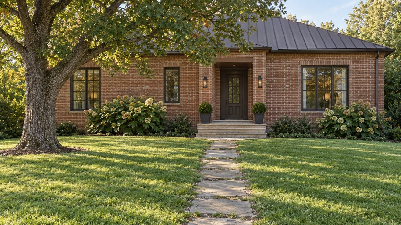 Renovated brick home beyond a broad lawn, with a flagstone path and mature oak tree.