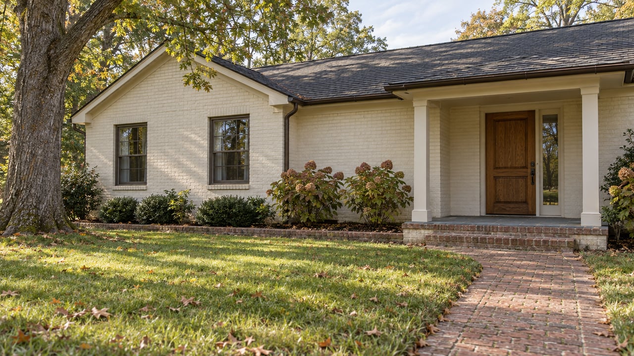Cream painted-brick home with a covered oak-door entry, brick approach, broad autumn lawn and mature white oak.