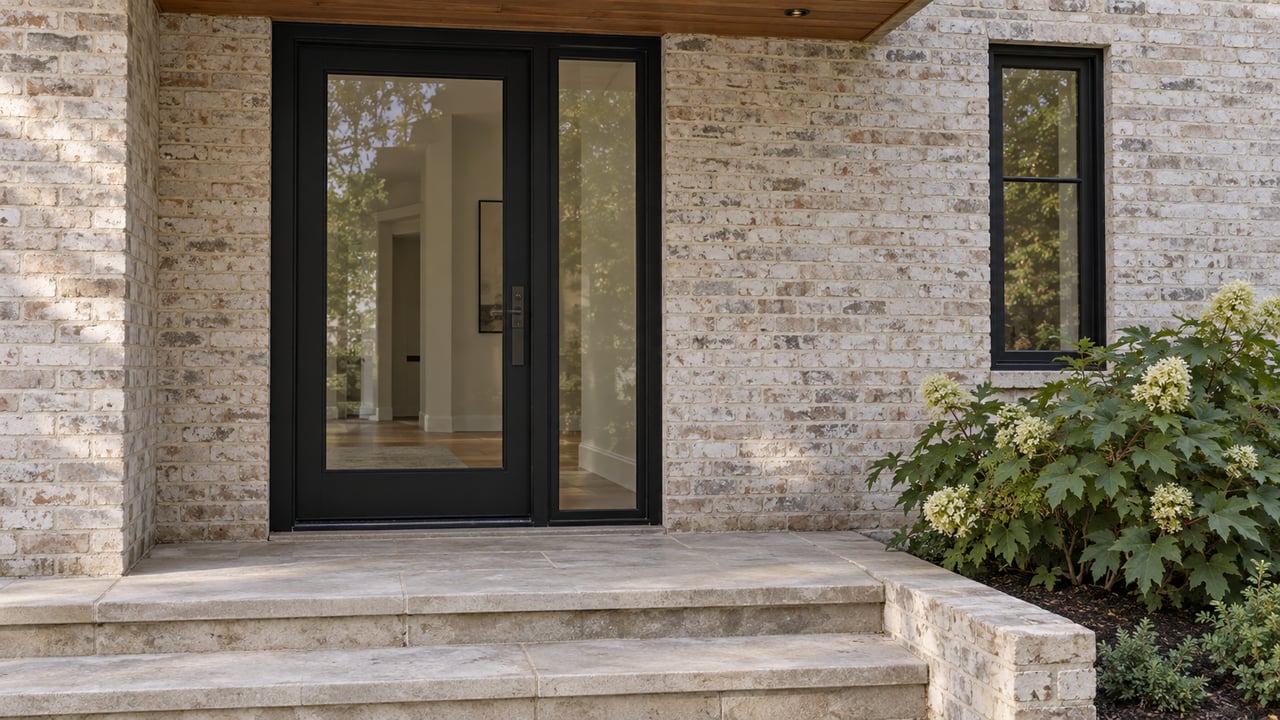 Closed black-framed glass front door and sidelight in pale brick, with limestone steps and an oakleaf hydrangea.