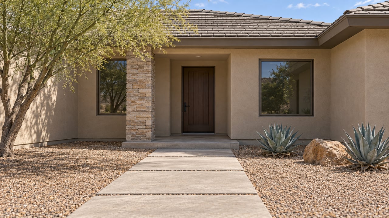 Sunlit sand-colored stucco home with a recessed wood entry, bronze-framed windows, concrete approach and carefully spaced desert plants.