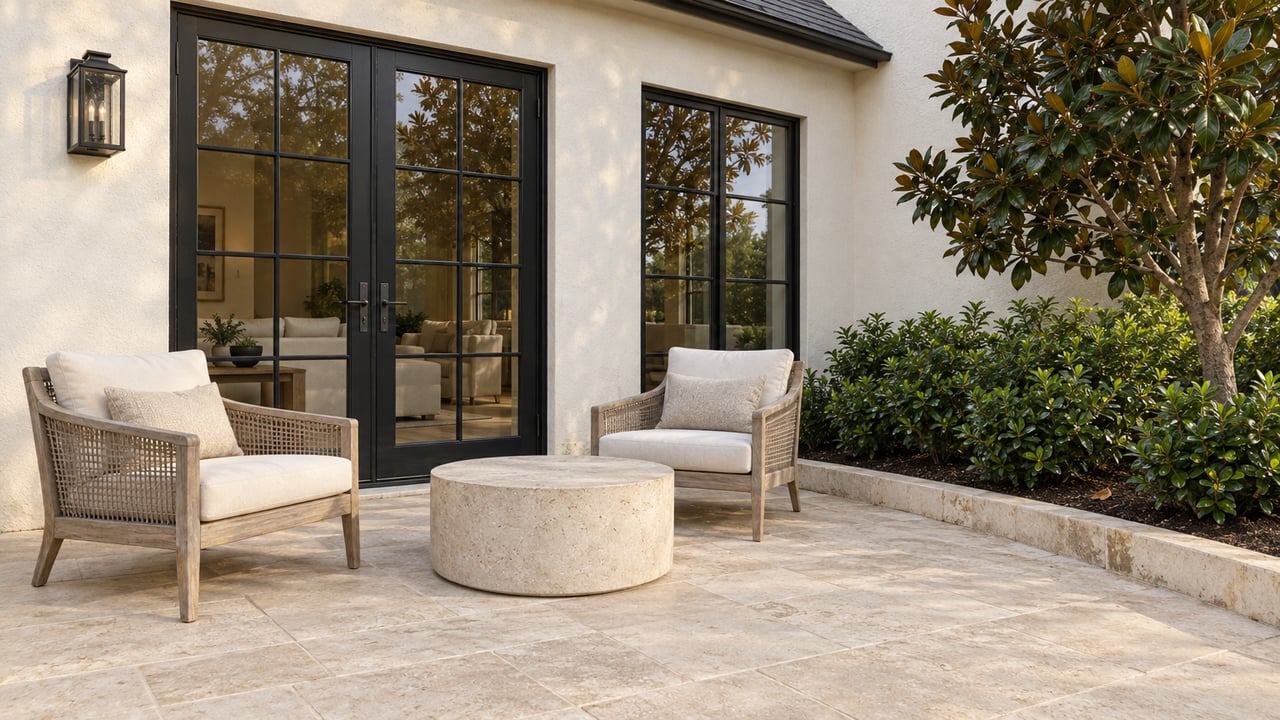 White stucco home with black-framed French doors overlooking a travertine terrace, two teak chairs and a magnolia beside gardenias.