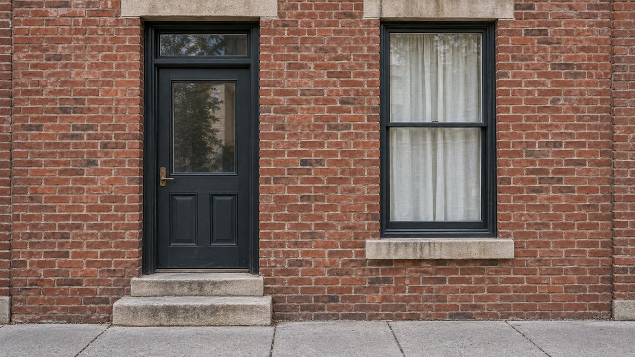 Red-brick townhouse entrance with a dark wood door, tall sash window, worn limestone steps and a concrete sidewalk.