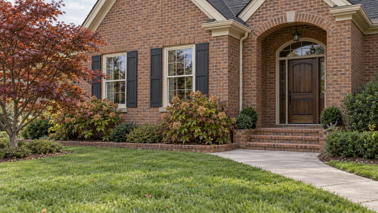 Brick home with an arched oak entrance, paired shuttered windows, broad steps and an autumn garden beside a concrete front walk.