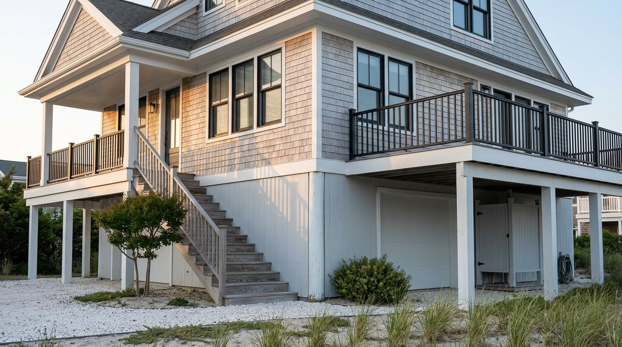 Elevated coastal home with silver-gray shingles, white pilings, entry stairs, and a second-story deck.