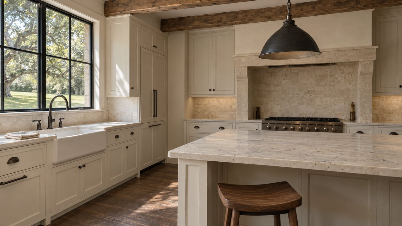 Kitchen with pale cabinetry, limestone backsplash, wood ceiling beams, and a black-framed garden window.