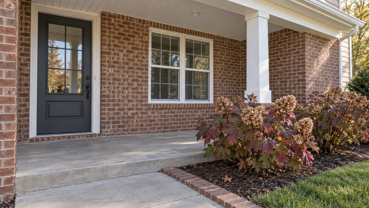 Covered entry of a brick-and-beige-sided home with white trim, a concrete porch and burgundy oakleaf hydrangeas.
