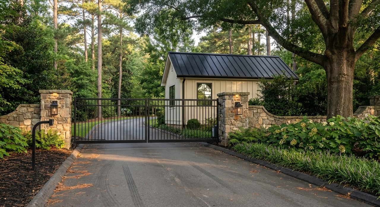 Gated community entrance with stone pillars and a gatehouse beneath dense hardwood and pine trees.