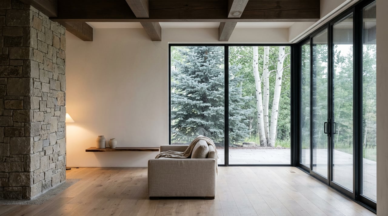 Lower-level room with a dry-stacked stone wall, timber beams, and glass doors facing a spruce and aspen trees.