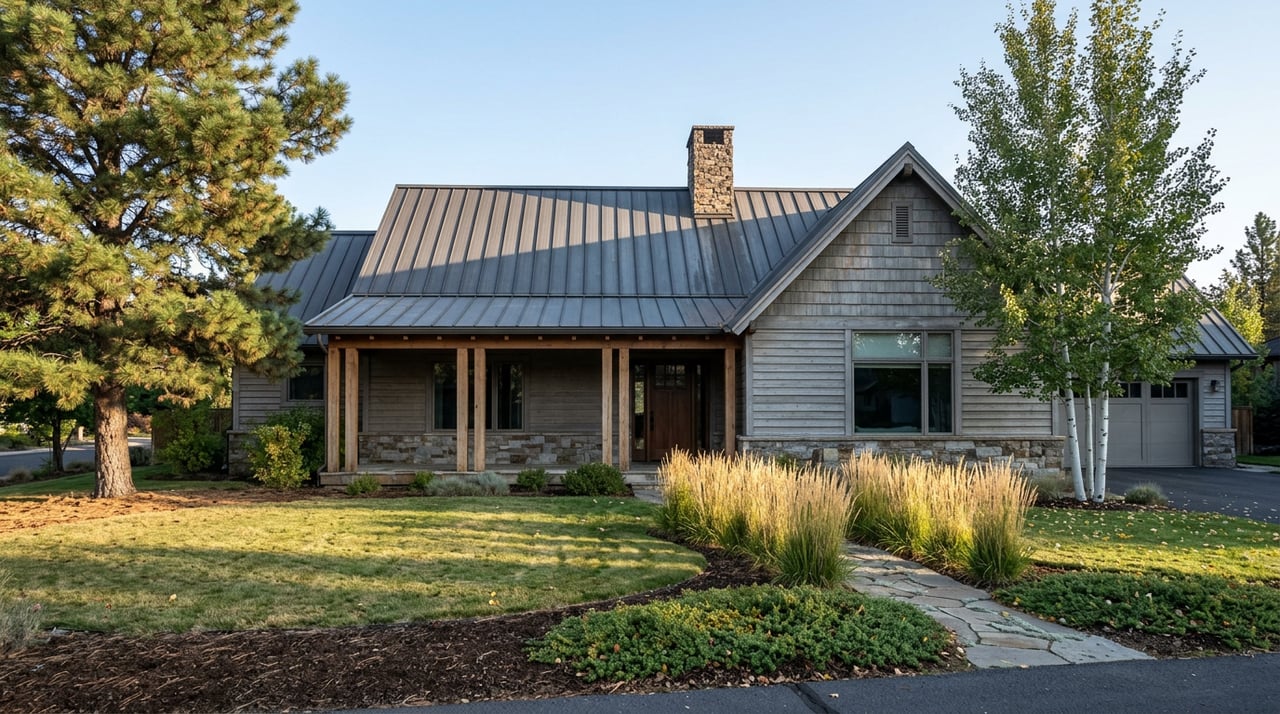 Cedar-and-stone home with a steep metal gable, covered porch, pine, aspens, and a broad front lawn.