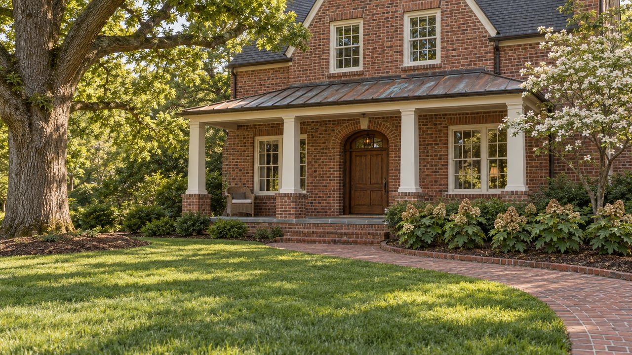 Red-brick home with a broad raised porch, arched oak entrance and deep green lawn beneath a mature oak.