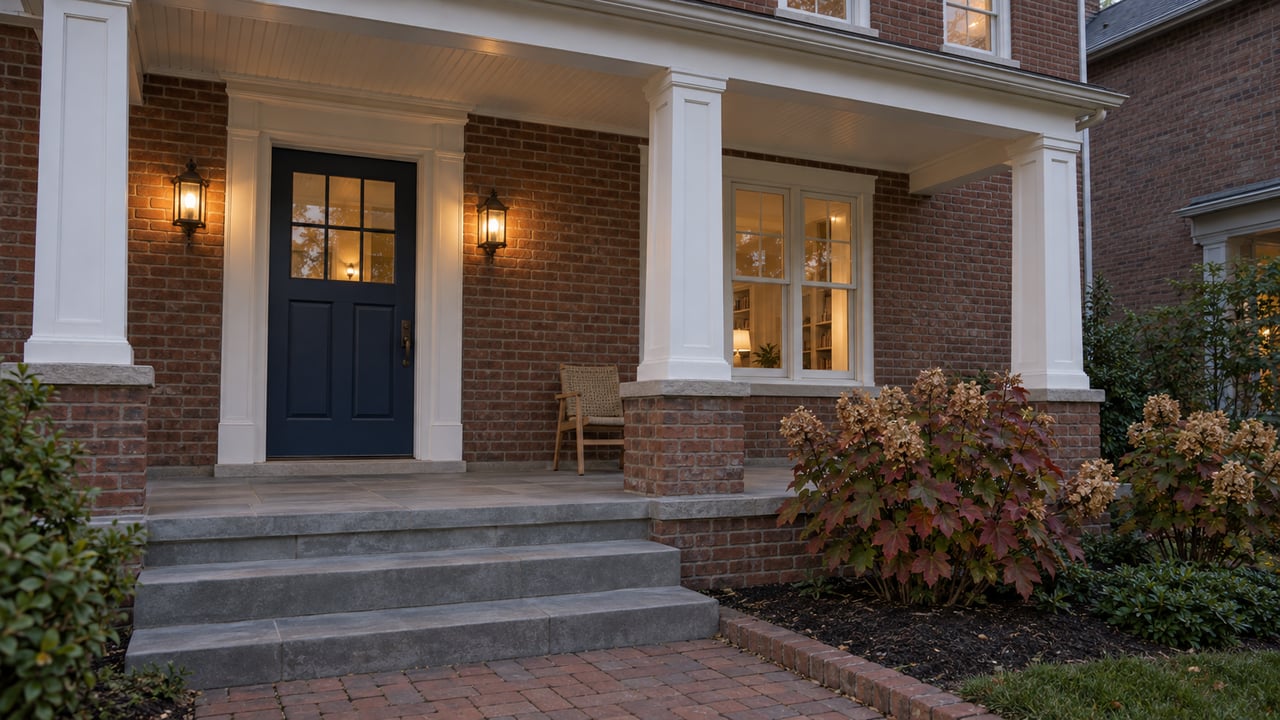 Brick home's covered porch at dusk, with white columns, a blue glazed door, warm sconces and autumn oakleaf hydrangeas beside stone steps.