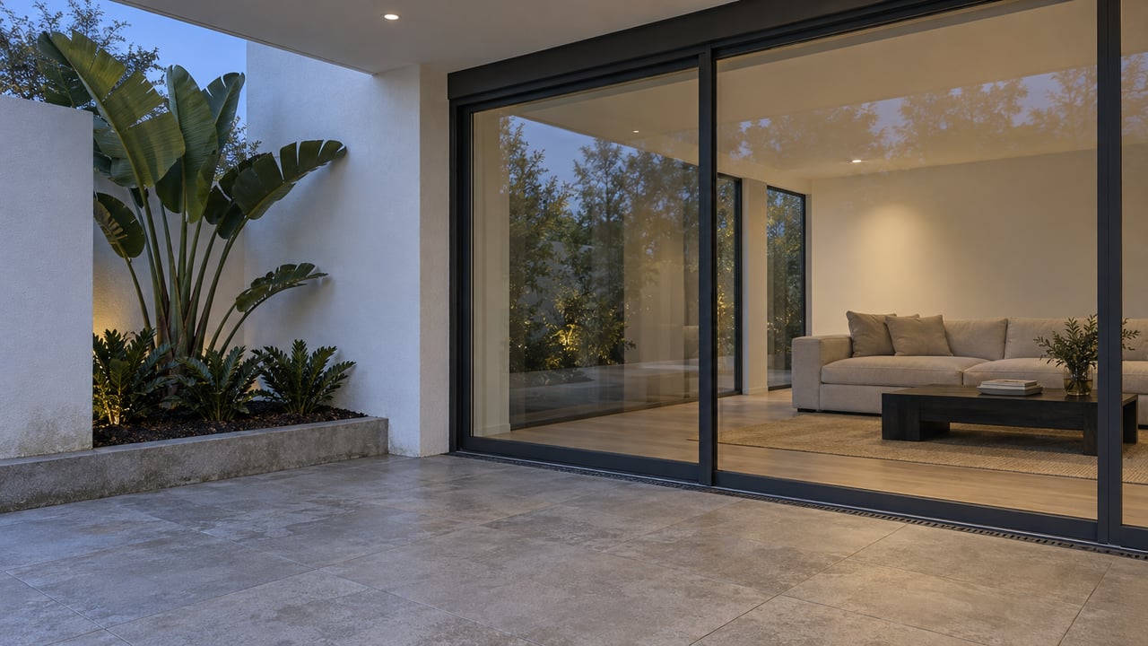 Covered contemporary terrace with gray paving, charcoal sliding glass doors, softly lit oak-floored living room and a sculptural planted bed.