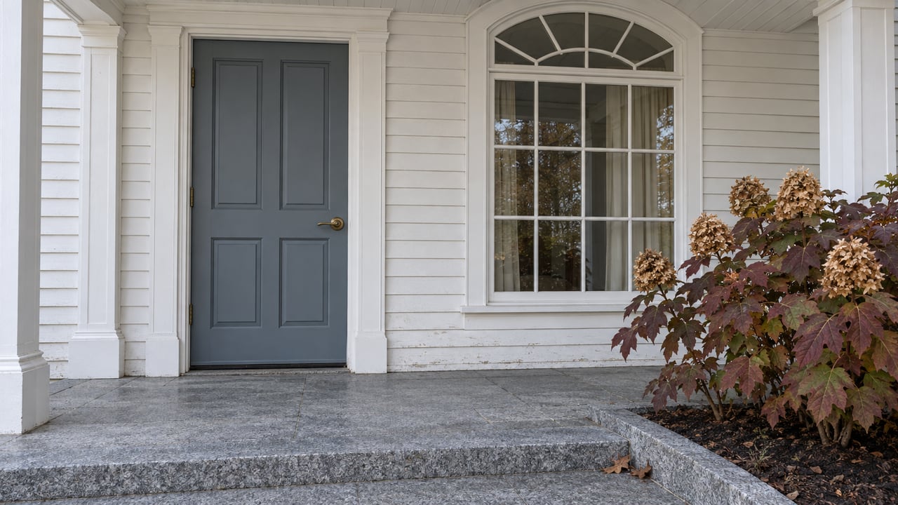 White-painted entrance bay with a blue-gray door, tall arched divided-light window, granite landing and burgundy oakleaf hydrangea.