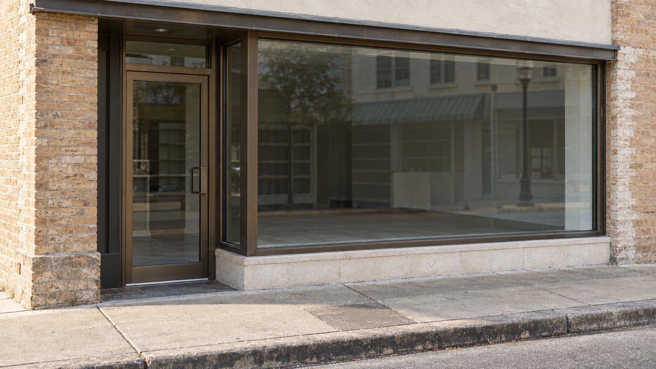Small-town storefront with a recessed glass door, broad display window, weathered brick piers, and worn sidewalk.