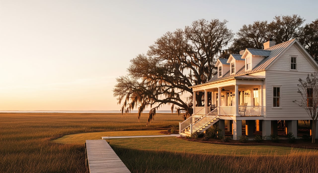 White raised house with a wraparound porch beside marsh grass and a boardwalk at sunset.