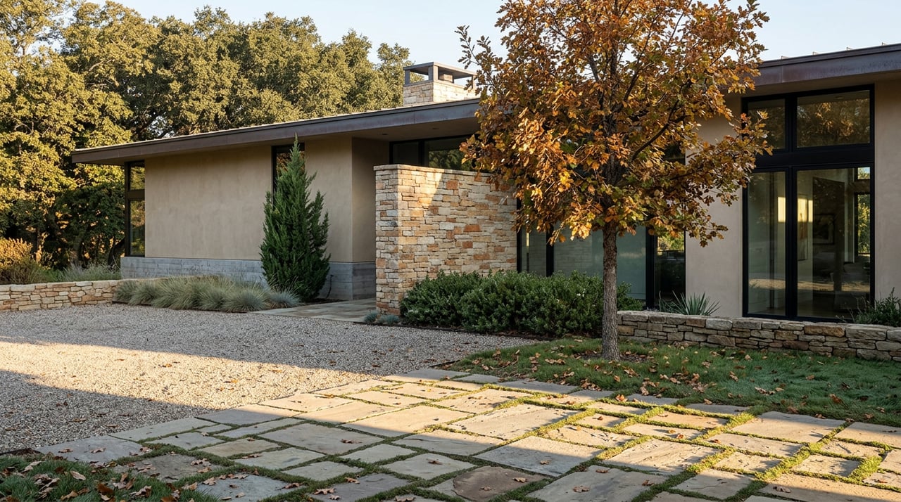 Contemporary stucco-and-stone home with black-framed windows, flagstone entry court, and amber oak trees.