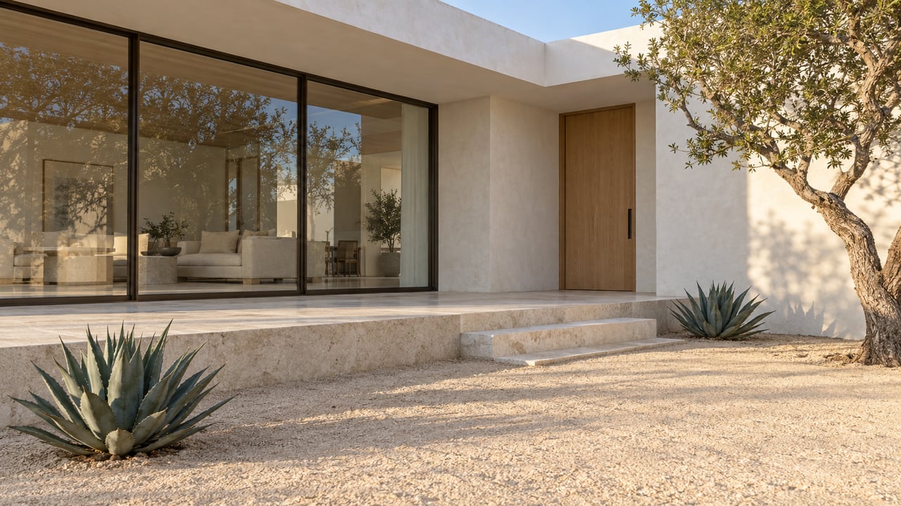 White-plaster modern home with full-height glass, recessed oak door, sandy courtyard, agaves, and desert tree.