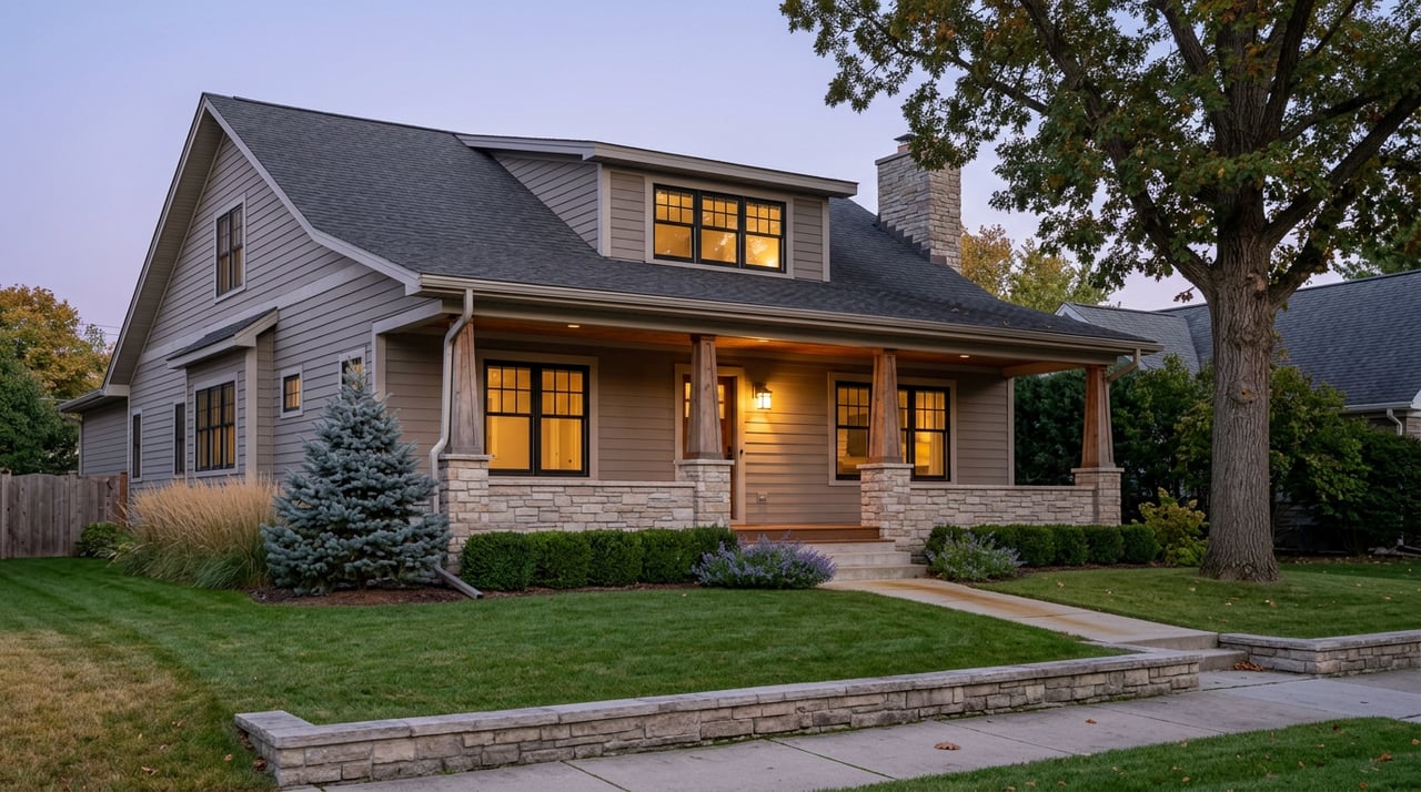 Gray two-story home with a stone porch, warm glowing windows, and a broad lawn at blue-hour dusk.