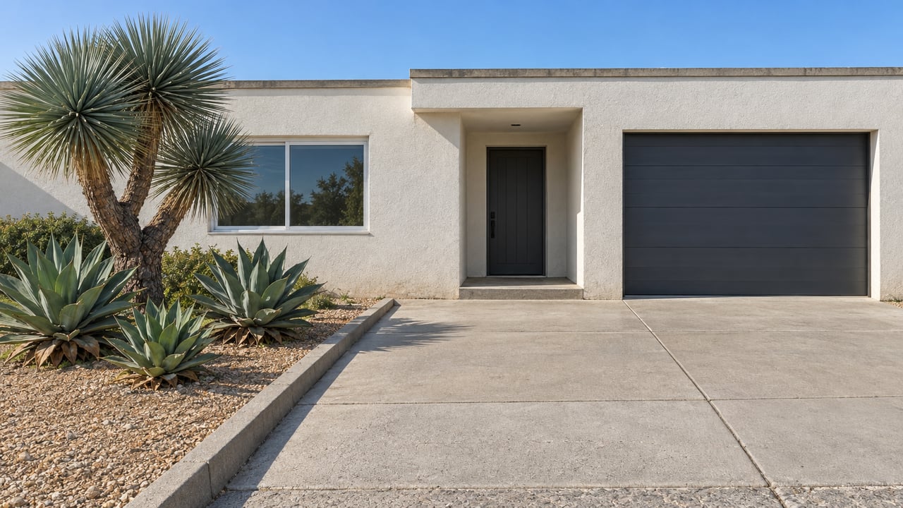 A modest white stucco home with a charcoal garage door, concrete driveway and a curb-contained planting bed of sculptural yucca and agaves.