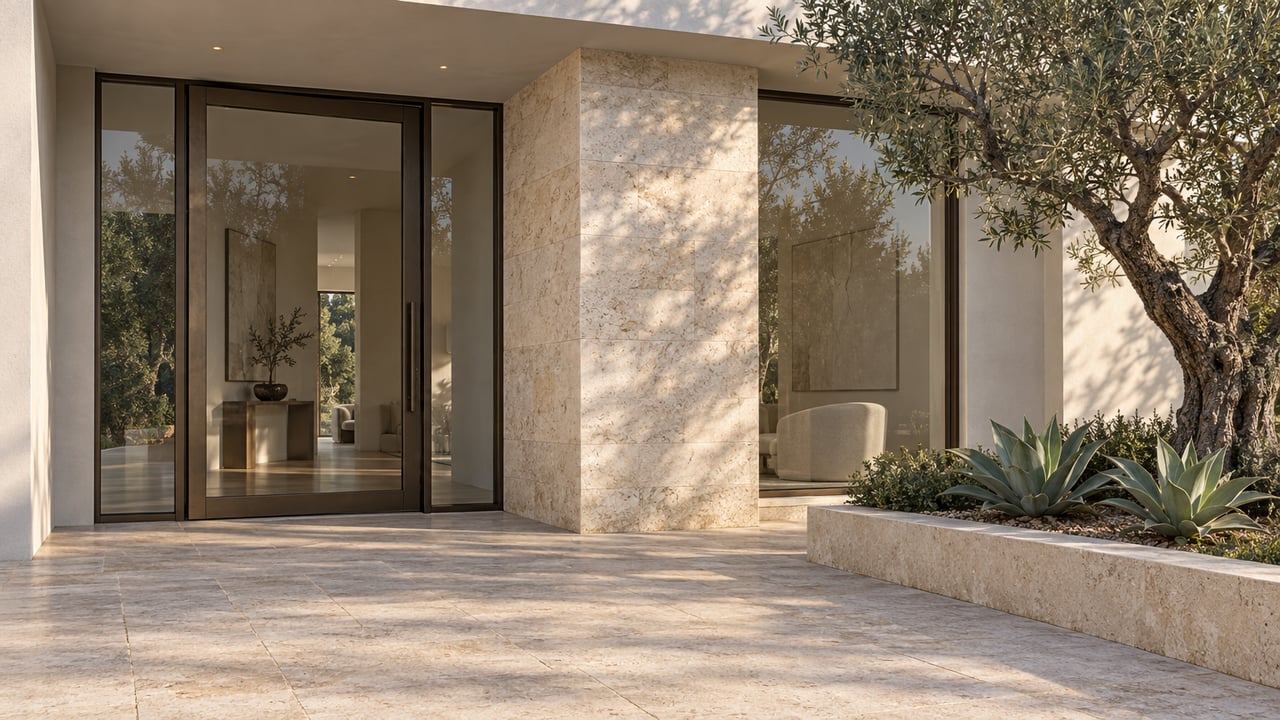 Contemporary entrance with a closed bronze-framed glass door, pale limestone paving and a sculptural olive tree beside a raised planter.
