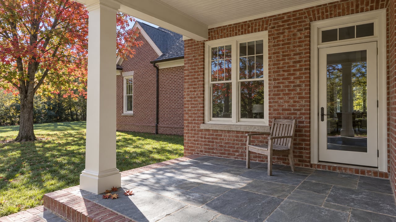 Sunlit brick home and slate rear porch with cream trim, a teak chair and autumn maple foliage beside a broad lawn.